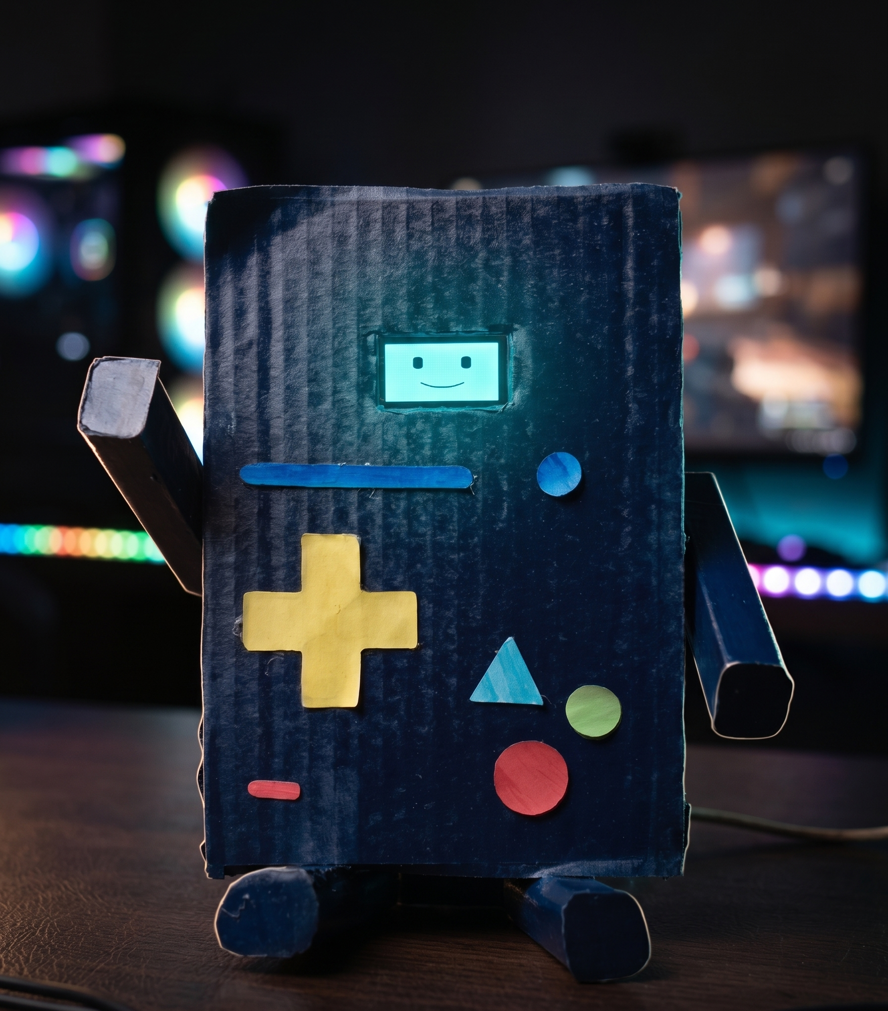 BMO AI Assistant handmade prototype with glowing face, controller buttons, and game-inspired body